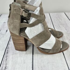 Hinge Suede Cora Taupe Suede Block Heel Sandals